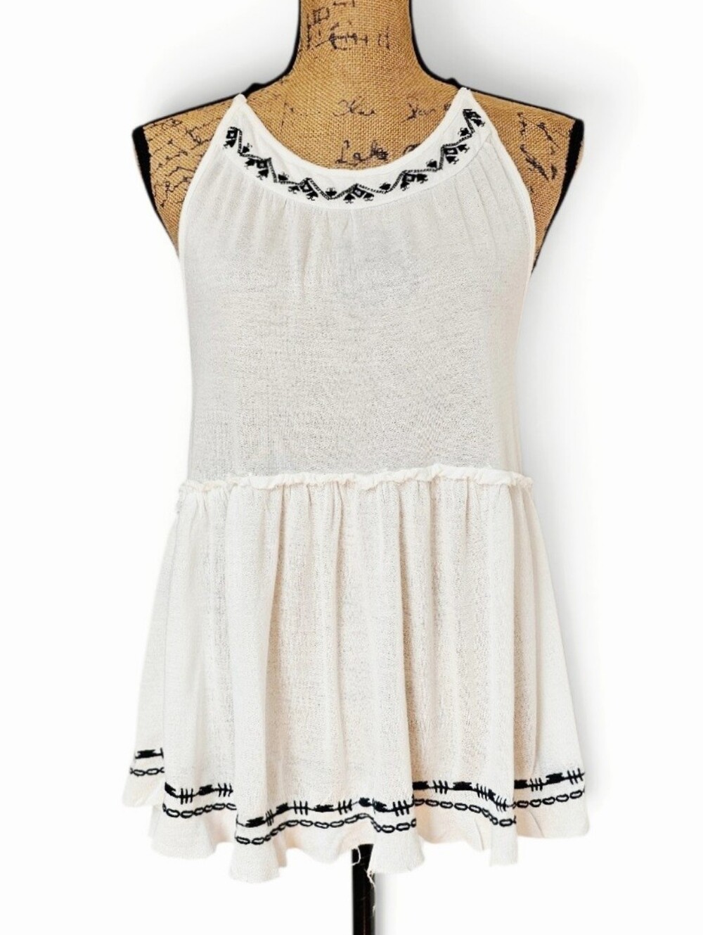Urban Outfitters Y2K Boho Ivory  Embroidered Racerback Peplum Cami Top, Size XS